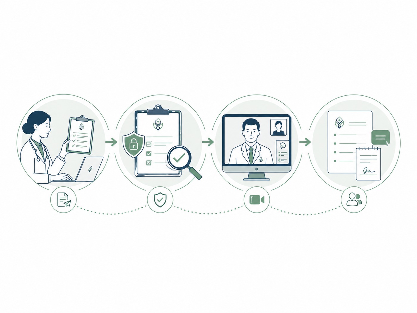 Illustration of a referral, review, virtual assessment, and follow-up workflow