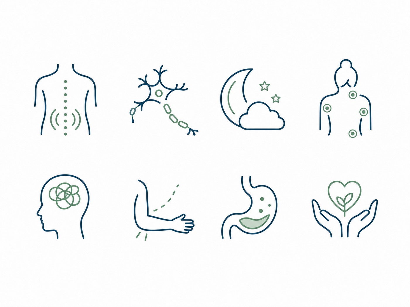 Minimal medical icons representing pain, sleep, nerve symptoms, nausea, and supportive care